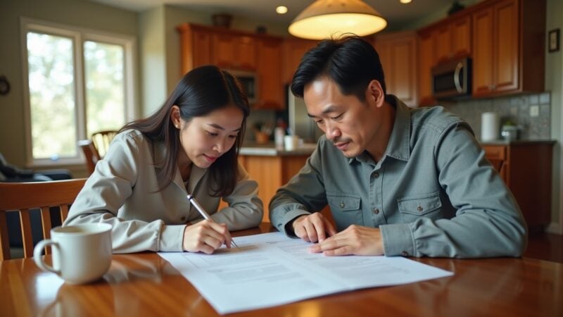 A couple sits at a wooden kitchen table signing documents, with a mug nearby and a bright window in the background.